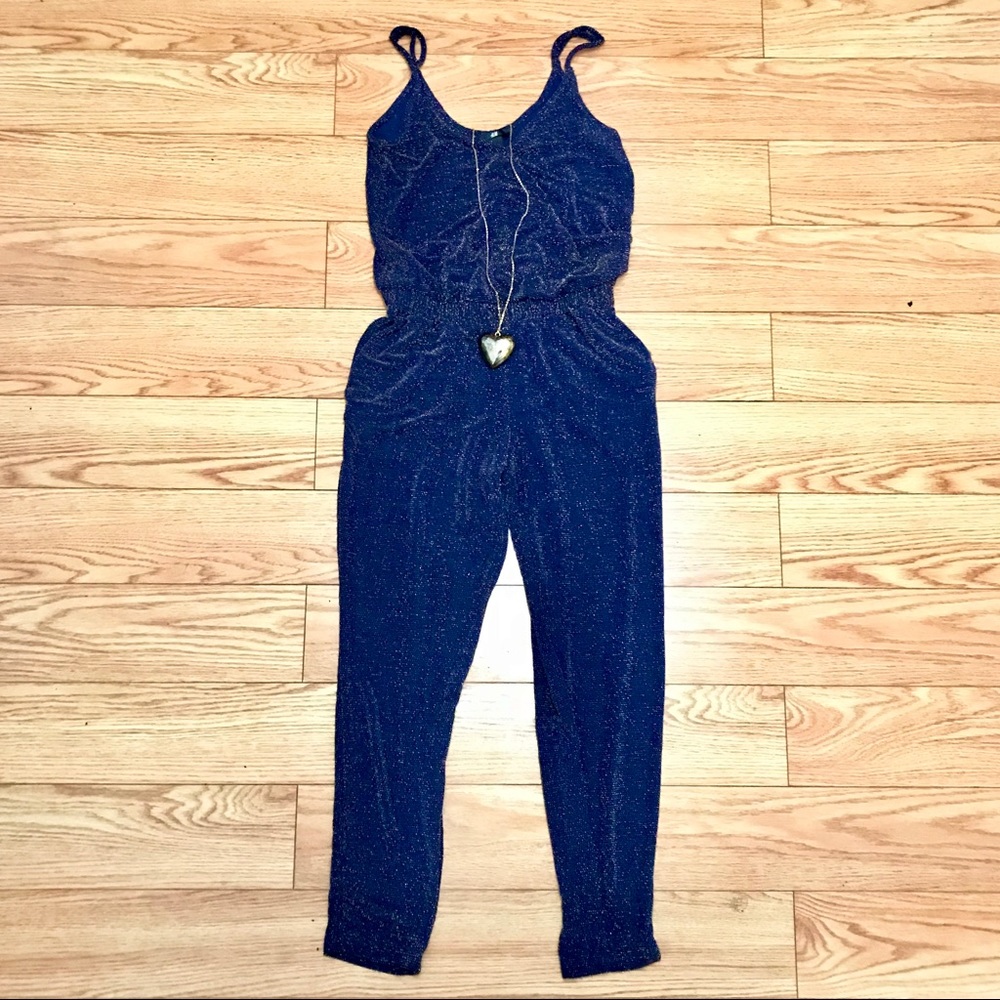 H&M Blue/Gold Metallic Harem Pant Slinky Jumpsuit